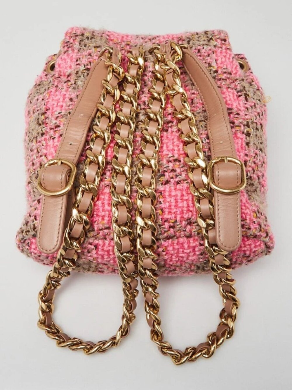 Chanel Pink/Brown Tweed Elegant Chain Backpack Bag - Picture 2 of 12